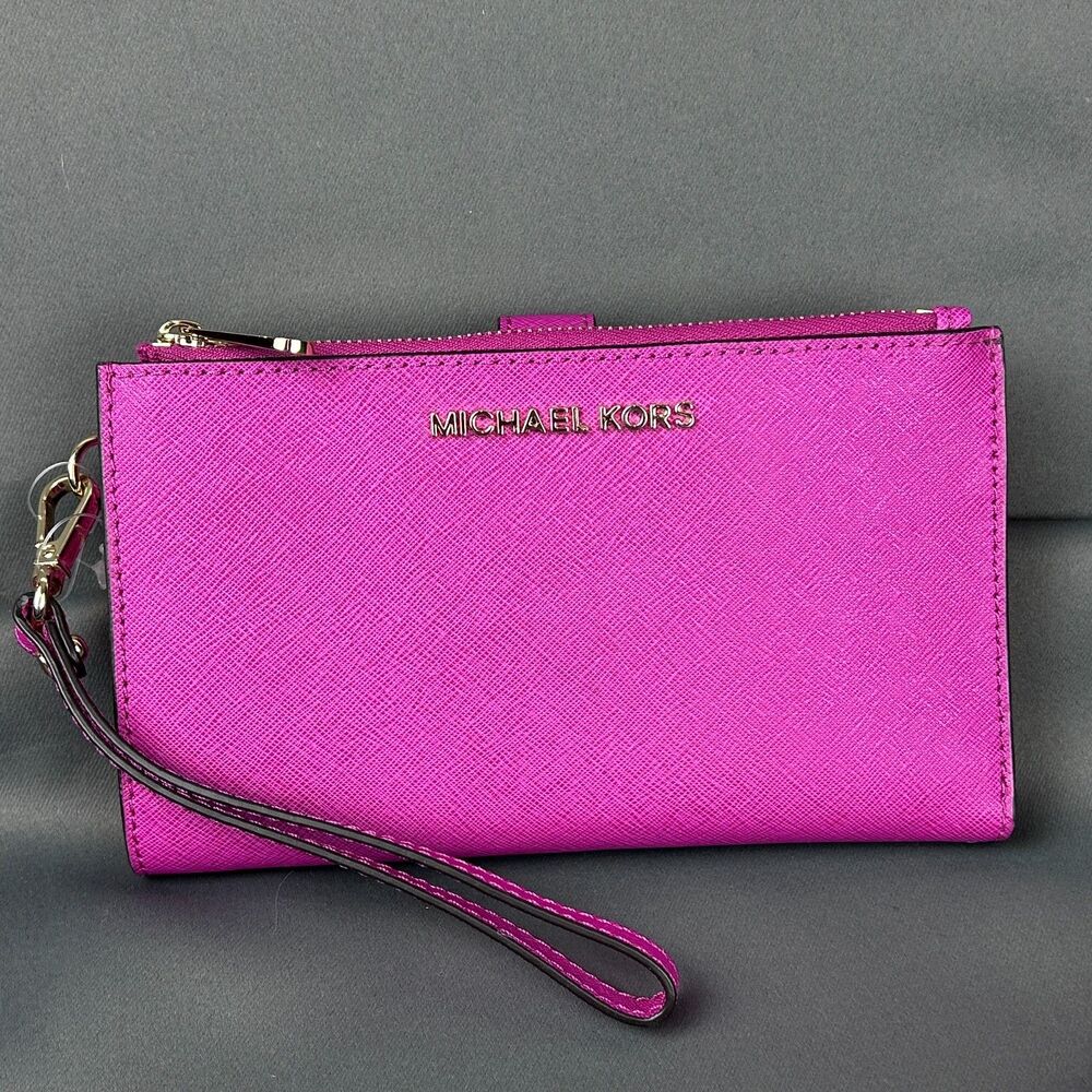 Michael Kors Pink Fuschia Leather Jet Set Travel Double Zip Wristlet Wallet - Picture 7 of 16